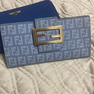Auth FENDI Zucchino Print Canvas Leather Long Wallet